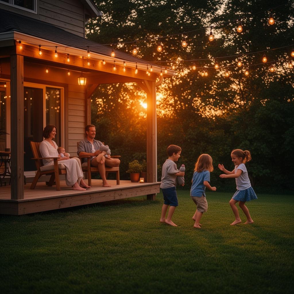 Family relaxing on a lit porch at sunset while kids play in the yard